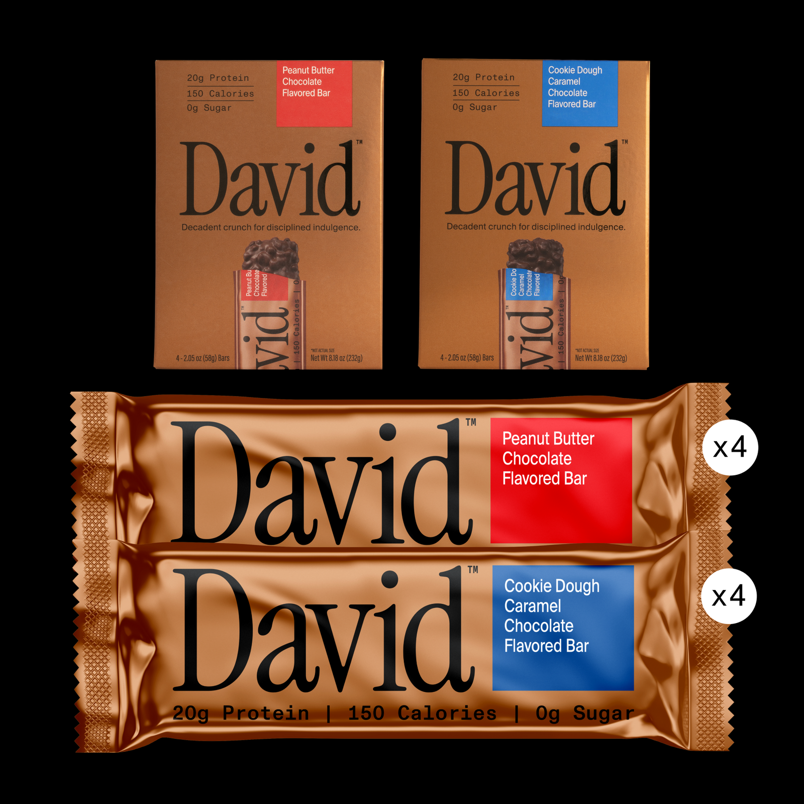 Two packages of David protein bars on a black background.