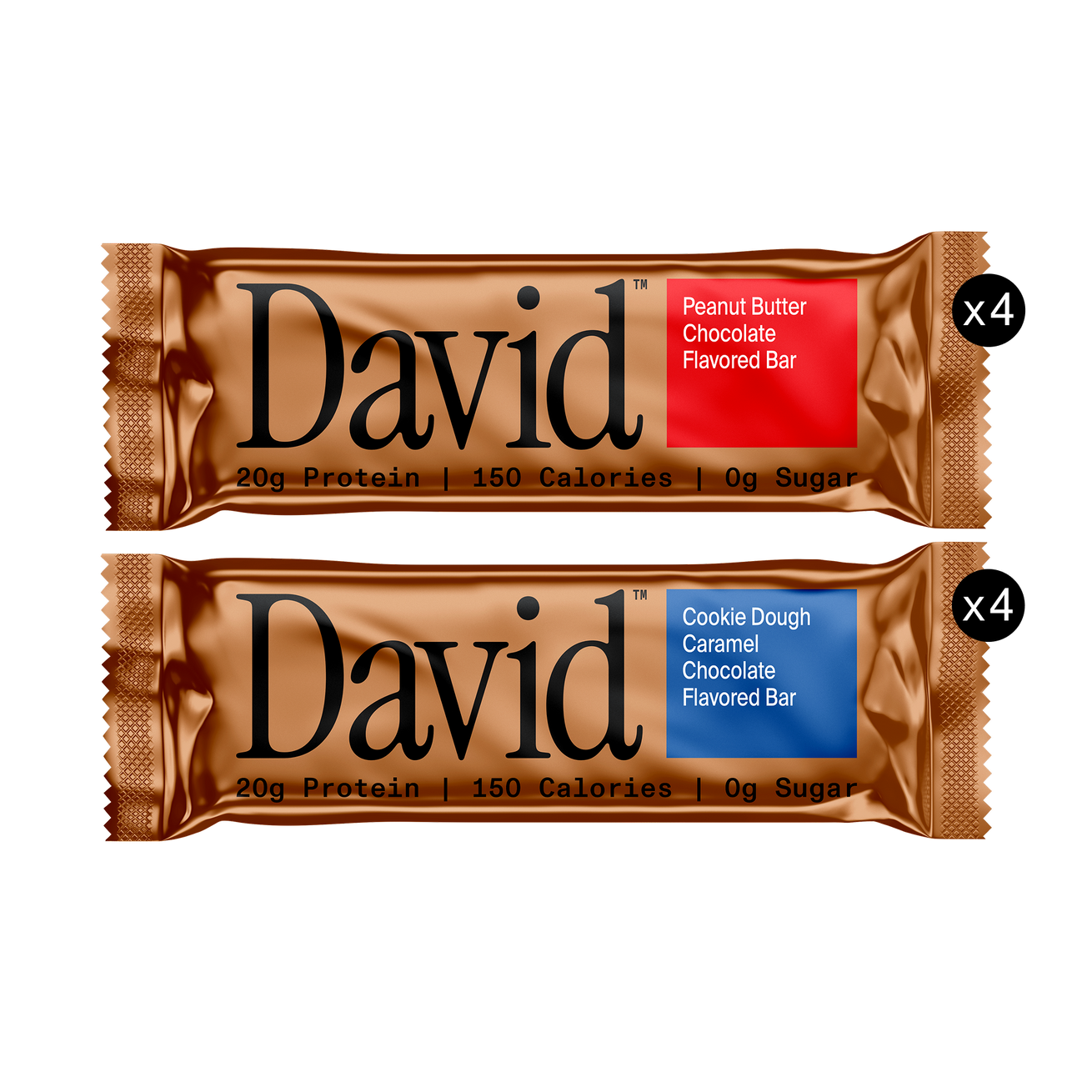 Two David protein bars with different flavors on a white background