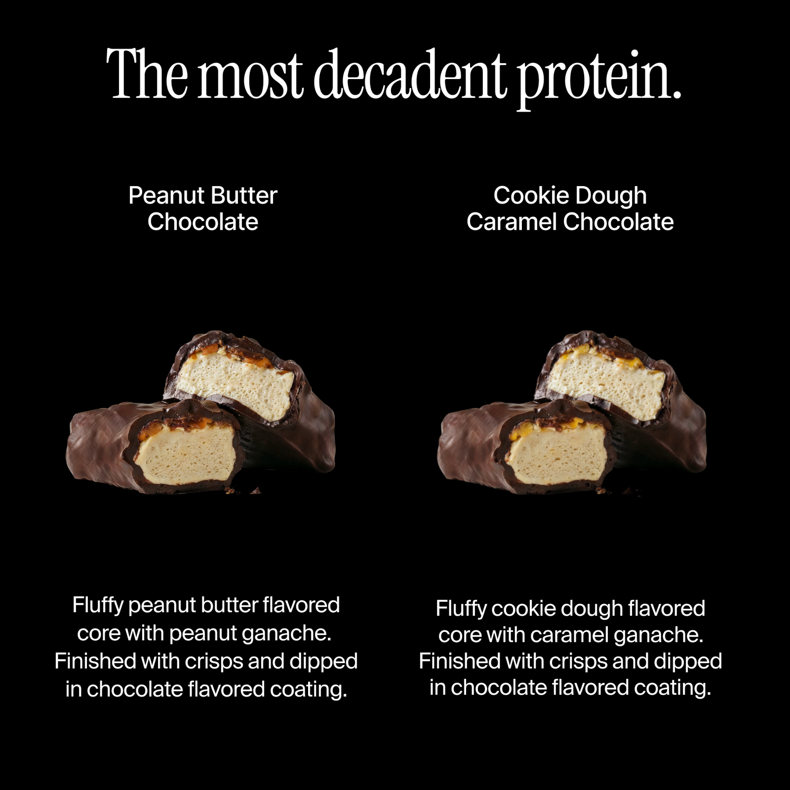Two types of protein bars with descriptions on a black background