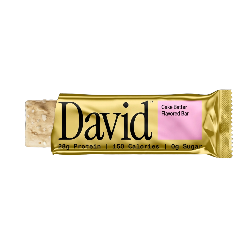 David protein bar with cake batter flavor on a black background