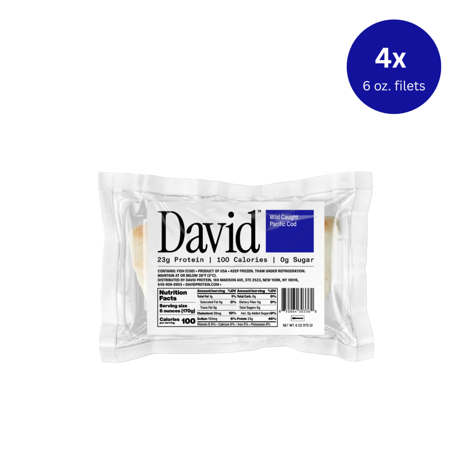 Pack of David Cod with clear packaging showing the nutrition facts panel