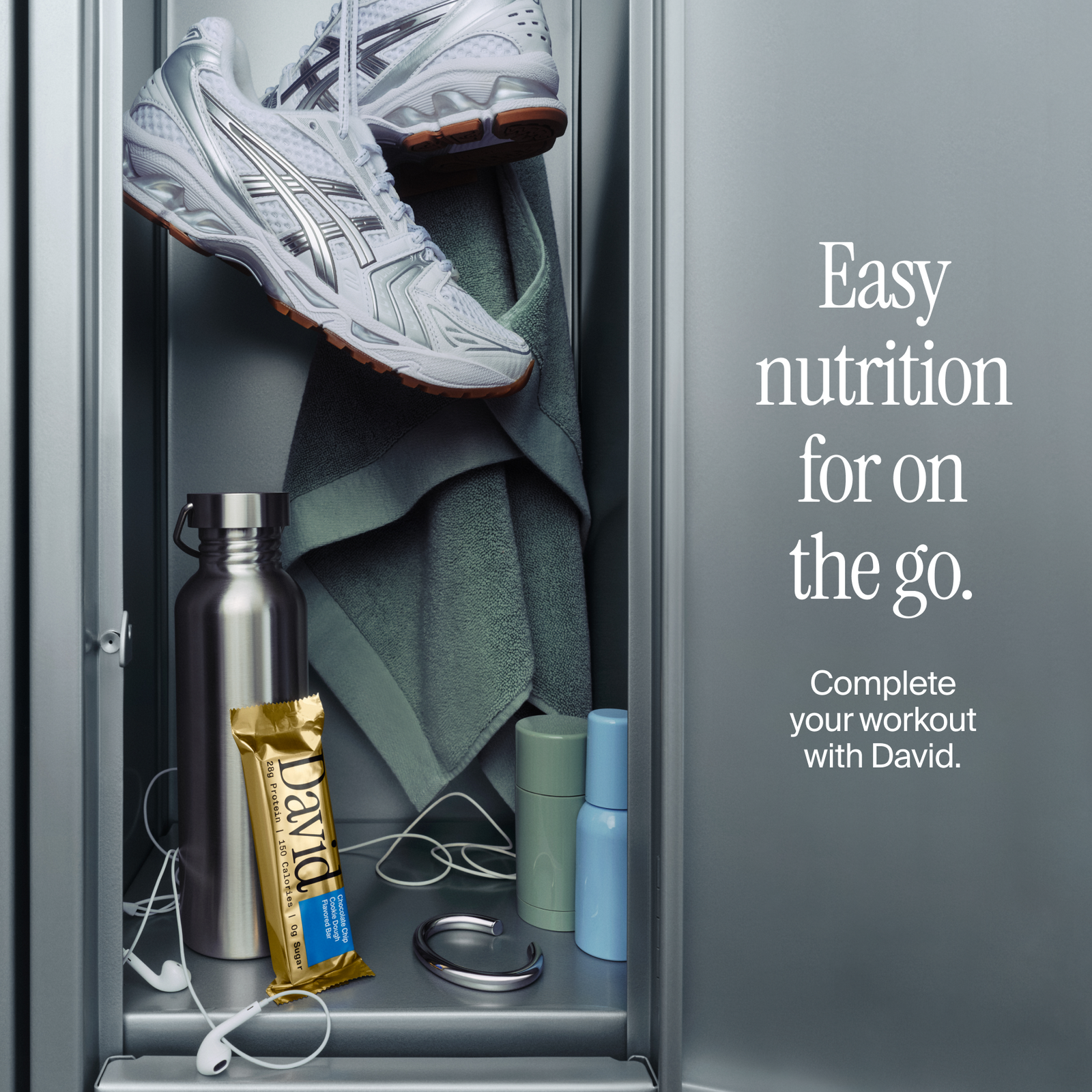 Open locker with gym shoes, towel, water bottle, and a Gold David Protein bar. Text "Easy nutrition for on the go. Complete your workout with David"